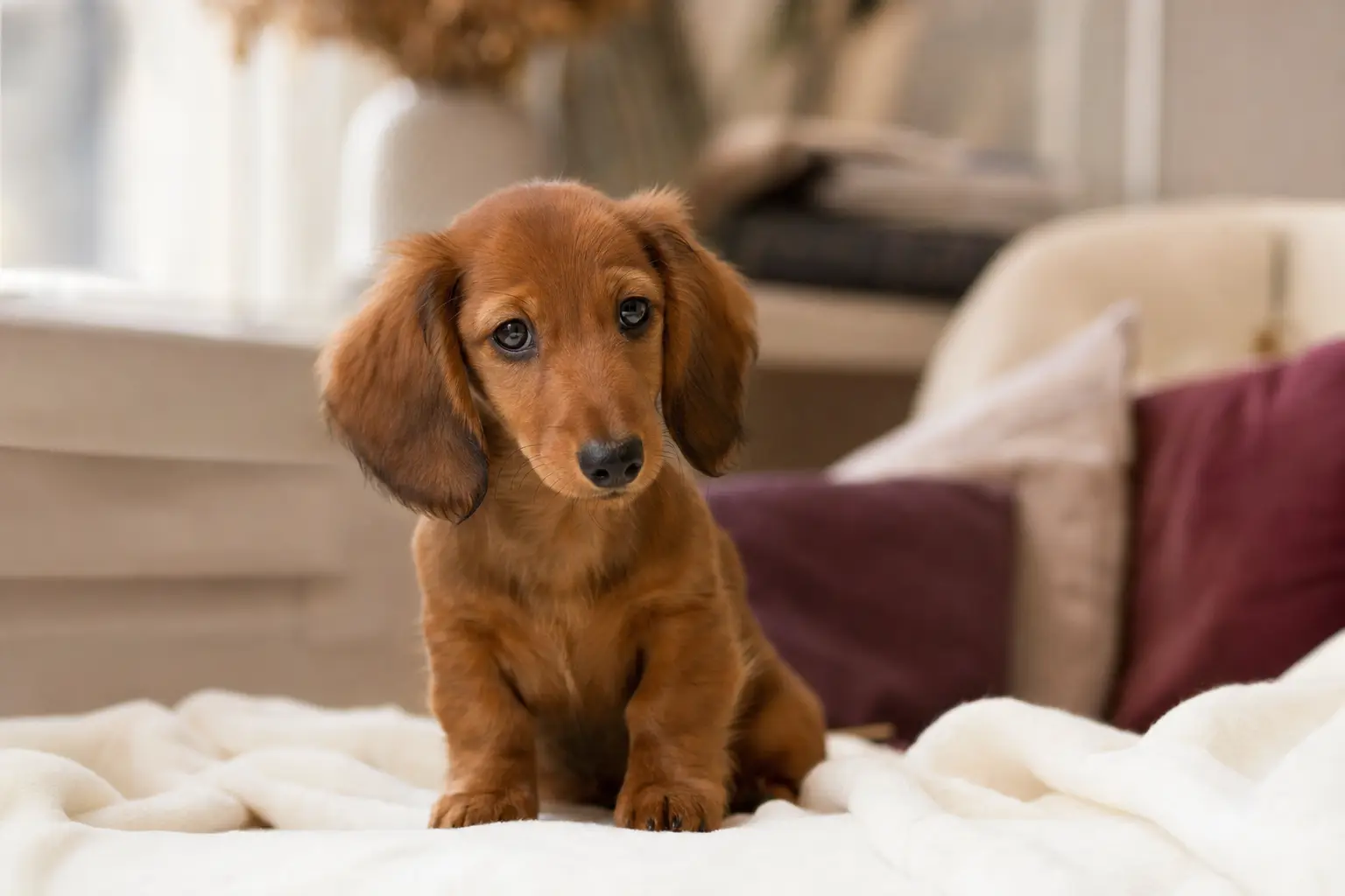 Chiot teckel à poil long roux assis sur une couverture crème, poil doux et premières franges aux oreilles