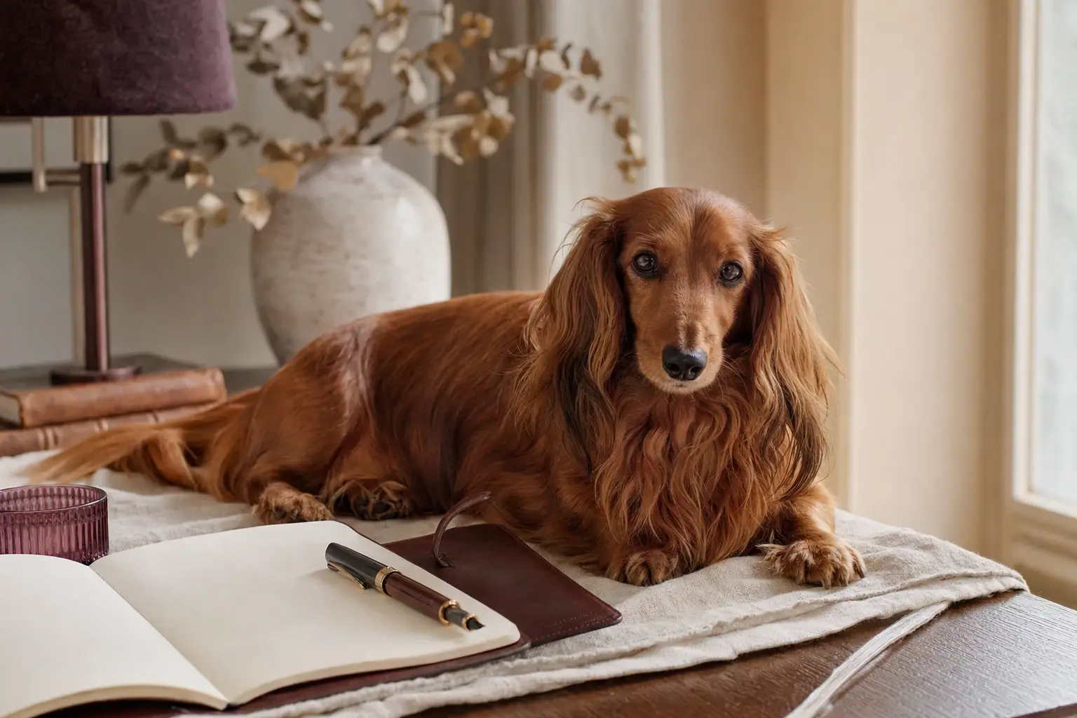 Un écran d’ordinateur portable posé sur une table de cuisine, affichant la page d’accueil d’un élevage canin, photographié de trois quarts en fin d’après-midi, la lumière douce d’une fenêtre se reflétant légèrement sur l’écran, une tasse de thé posée à côté dans le flou du premier plan.